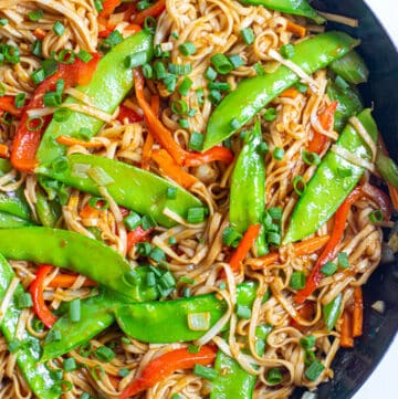 a pan with cooked veggies and noodles.