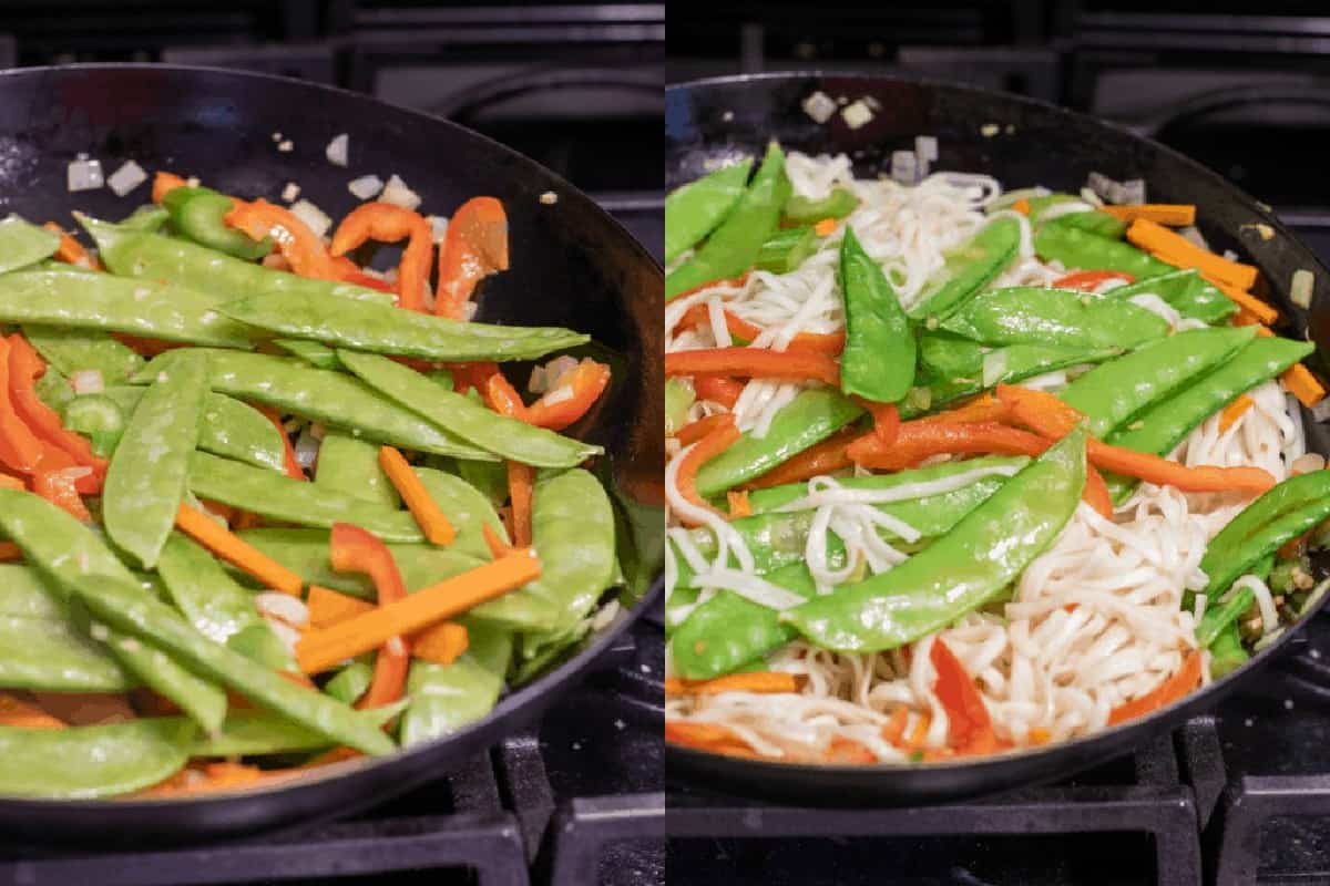 a pan with veggies and then veggies with noodles.