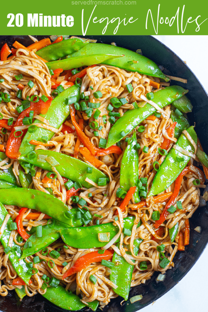 a pan with cooked veggies and noodles with PInterest pin text.