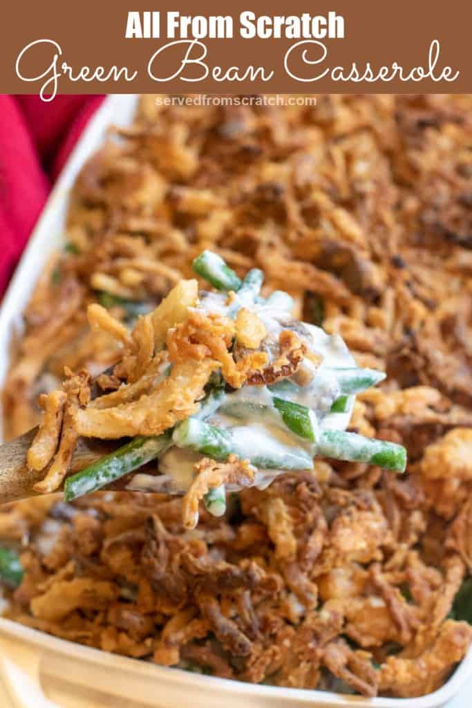 green bean casserole with a spoon scooping some out. with Pinterest pin text.