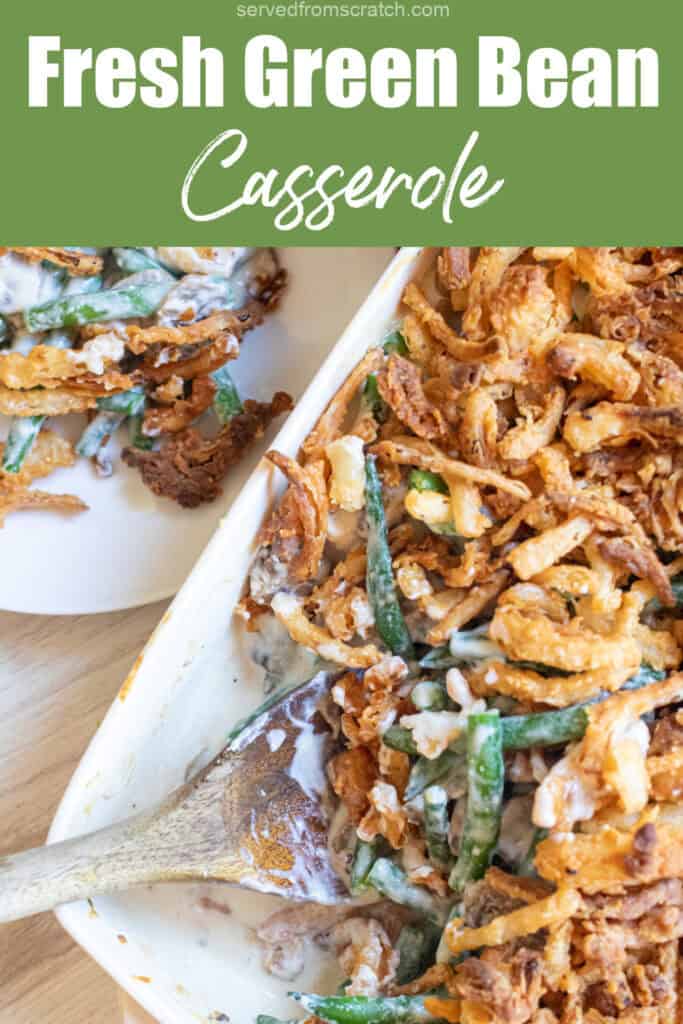 green bean casserole with a spoon scooping some out with Pinterest pin text.