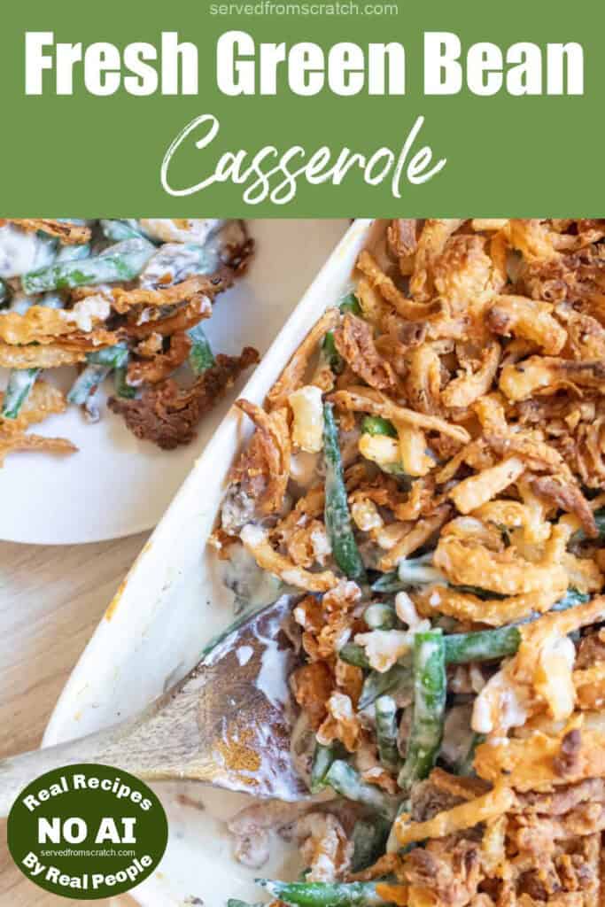 green bean casserole with a spoon scooping some out with Pinterest pin text and NO AI sticker.