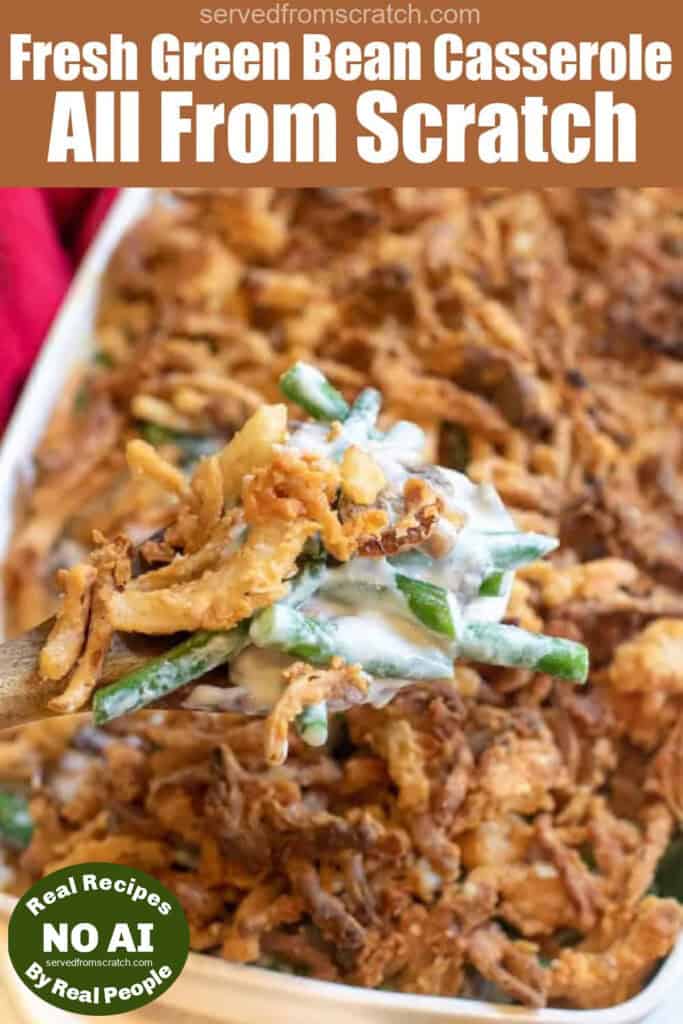 green bean casserole with a spoon scooping some out with Pinterest pin text and NO AI sticker.