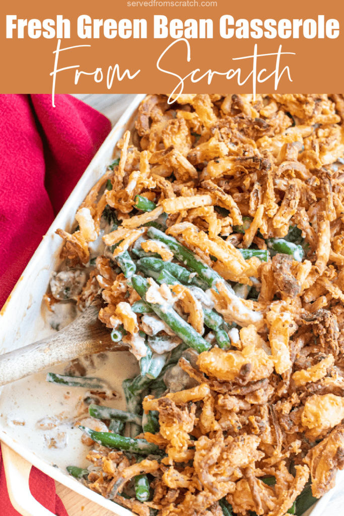 green bean casserole with a spoon scooping some out. with Pinterest pin text.