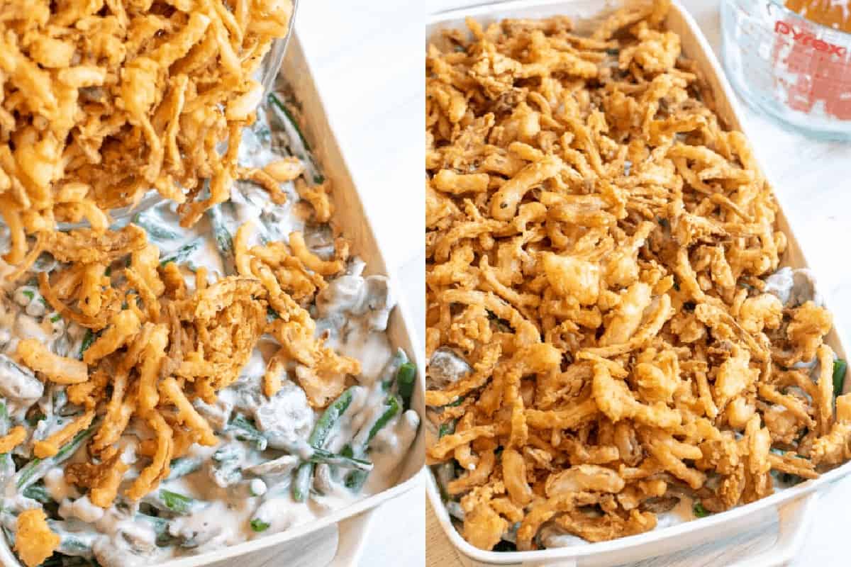 fried onions being poured on top of mushroom soup and green beans and topped with fried onions.