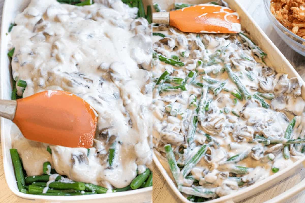 cream of mushroom soup over green beans and then mixed in with a spatula.