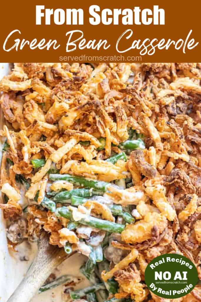 green bean casserole with a spoon scooping some out with Pinterest pin text and NO AI sticker.