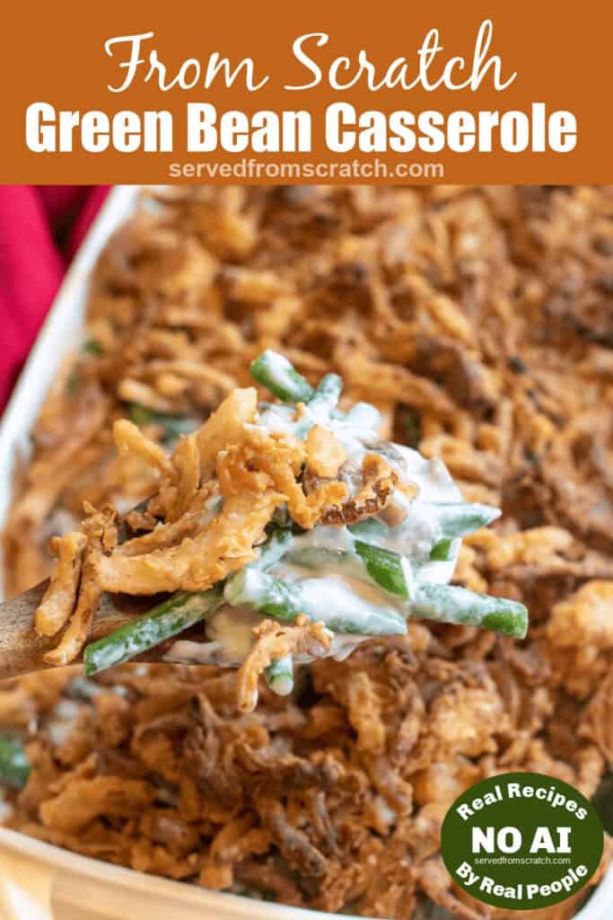 green bean casserole with a spoon scooping some out with Pinterest pin text and NO AI sticker.
