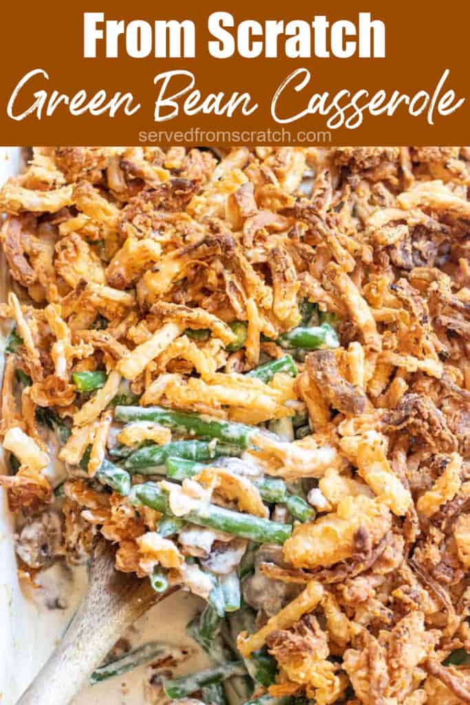 green bean casserole with a spoon scooping some out. with Pinterest pin text.