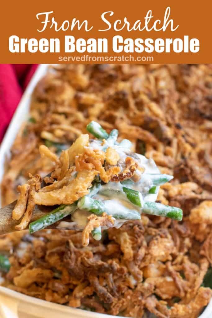 a spoon holding up some fresh green bean casserole with Pinterest pin text.