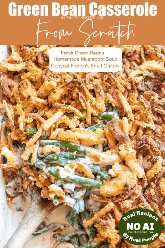 green bean casserole with a spoon scooping some out with Pinterest pin text and NO AI sticker.