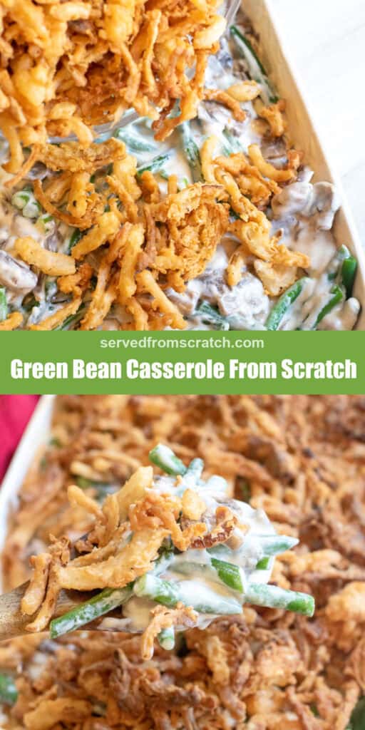 fried onions being poured on a green bean casserole with Pinterest pin text and a scoop out.