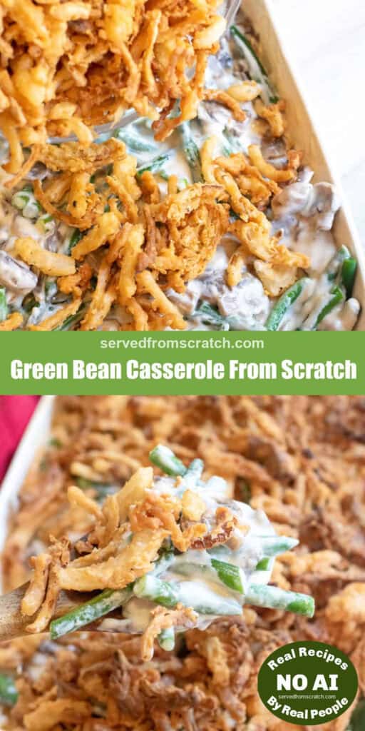 fried onions being poured on a green bean casserole with Pinterest pin text and a scoop out with NO AI sticker.