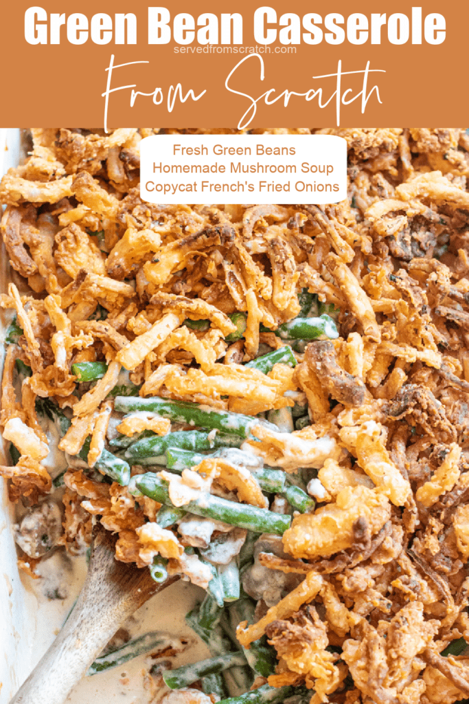 green bean casserole with a spoon scooping some out. with Pinterest pin text.