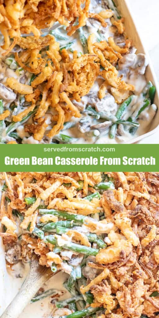 fried onions being poured on a green bean casserole with Pinterest pin text and a scoop out.
