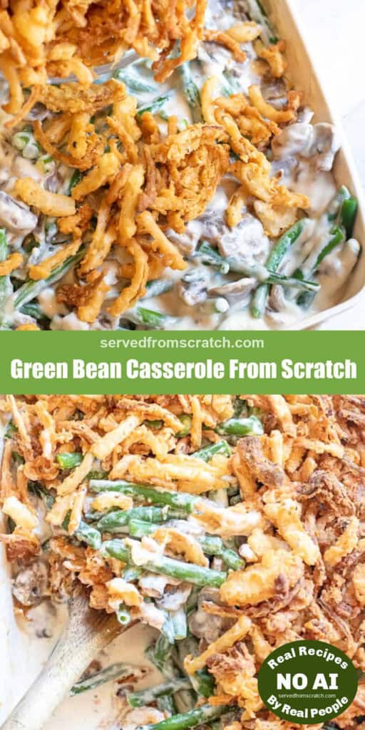 fried onions being poured on a green bean casserole with Pinterest pin text and a scoop out with NO AI sticker.