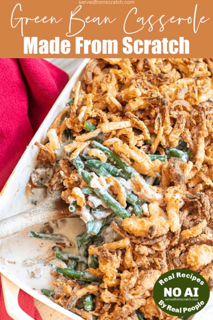 green bean casserole with a spoon scooping some out with Pinterest pin text and NO AI sticker.