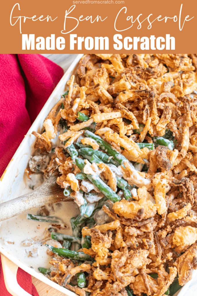 green bean casserole with a spoon scooping some out. with Pinterest pin text.