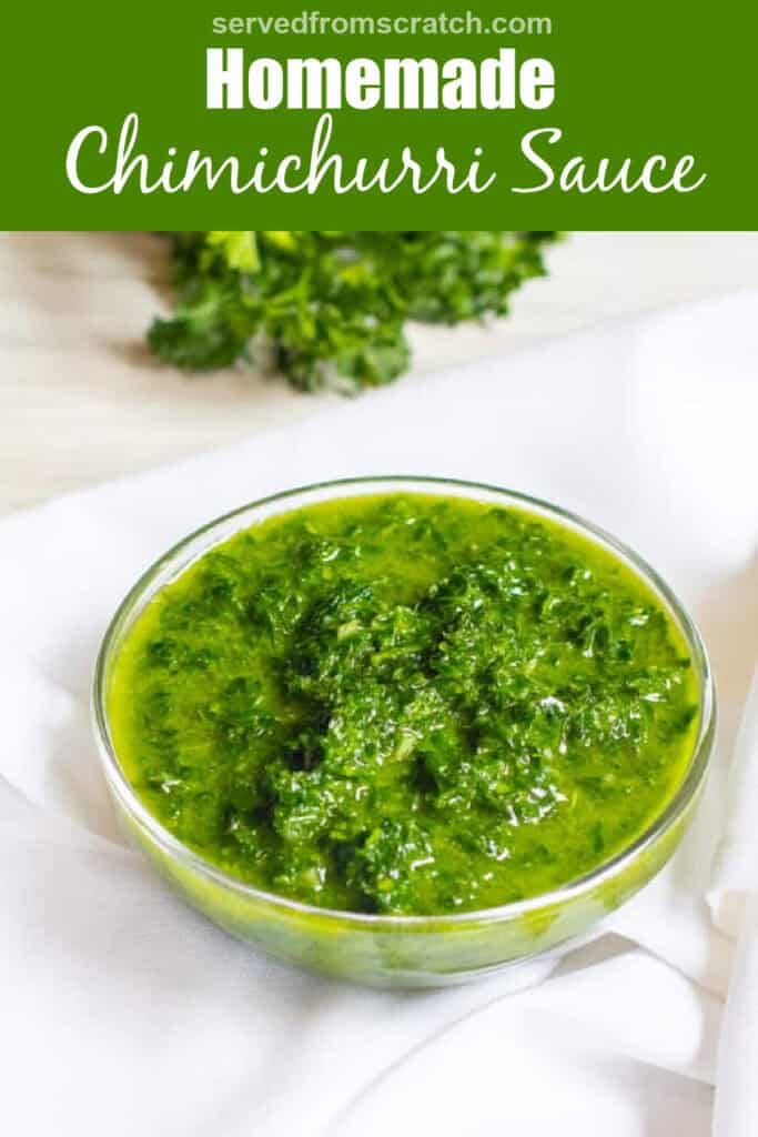 a bowl of fresh chimichurri sauce with Pinterest pin text.
