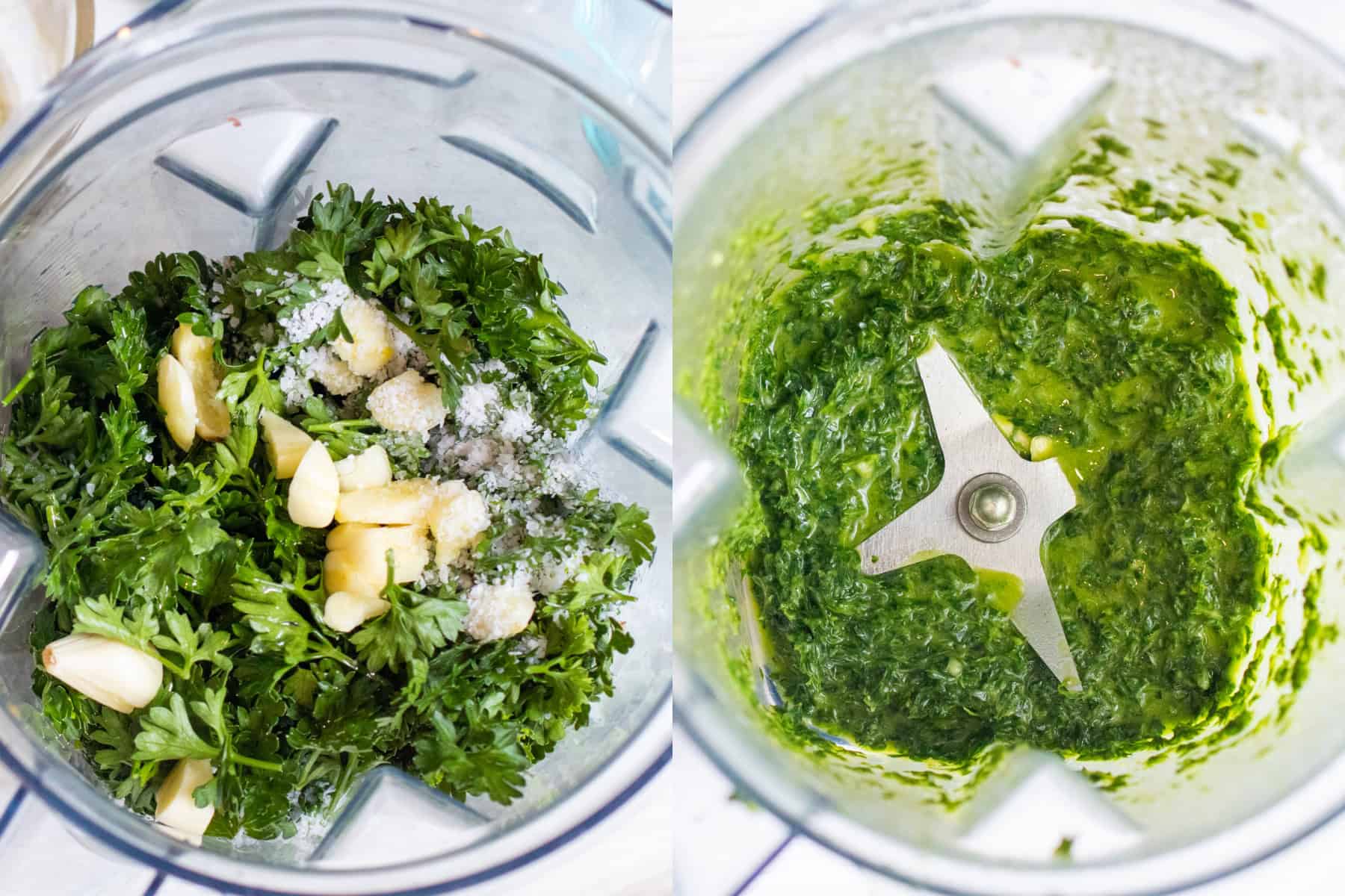 parsley with salt and oil and garlic in a blender, and then blended.