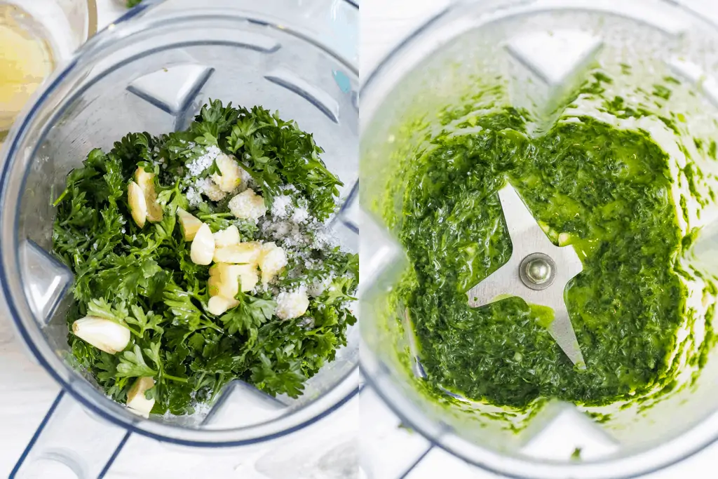 parsley, olive oil, vinegar, garlic, lime, and salt on a counter.