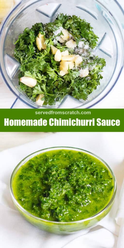 parsley with salt and oil and garlic in a blender with Pinterest pin text and a bowl of blended Chimichurri sauce.