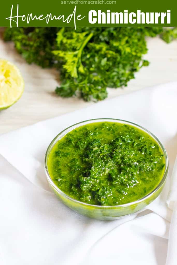 a small bowl of Chimichurri Sauce with Pinterest pin text.