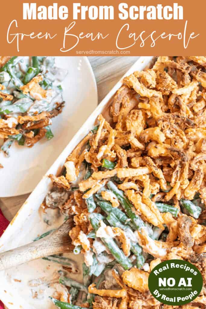 green bean casserole with a spoon scooping some out with Pinterest pin text and NO AI sticker.