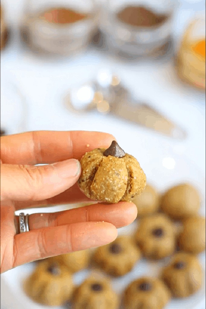 a hand holding a little pumpkin shaped bliss ball.