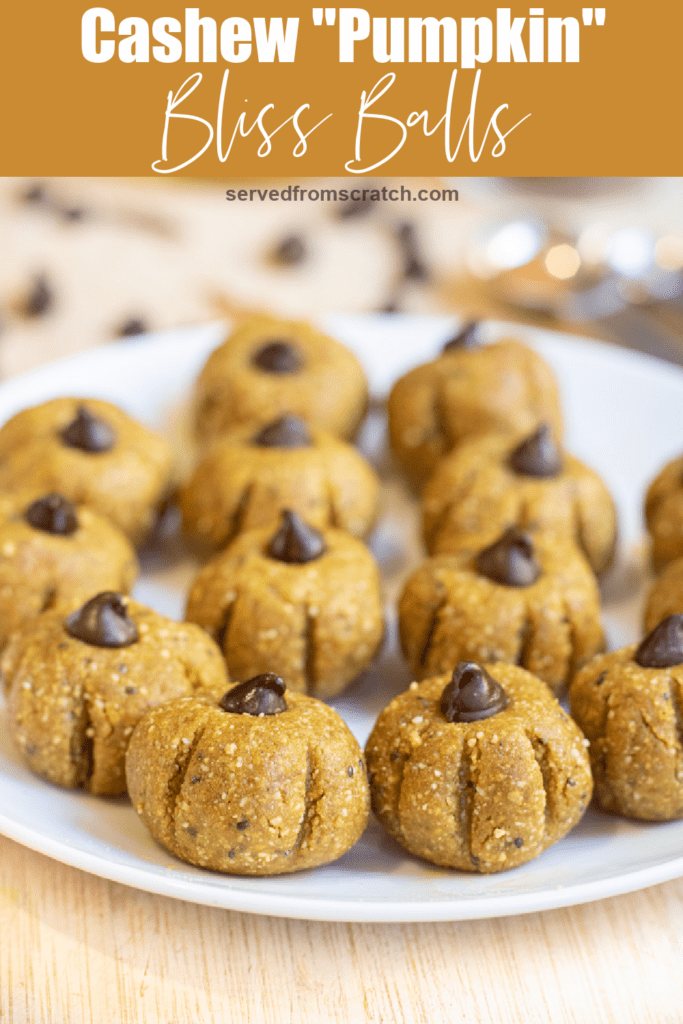 a plate of pumpkin shaped bliss balls with Pinterest pin text.