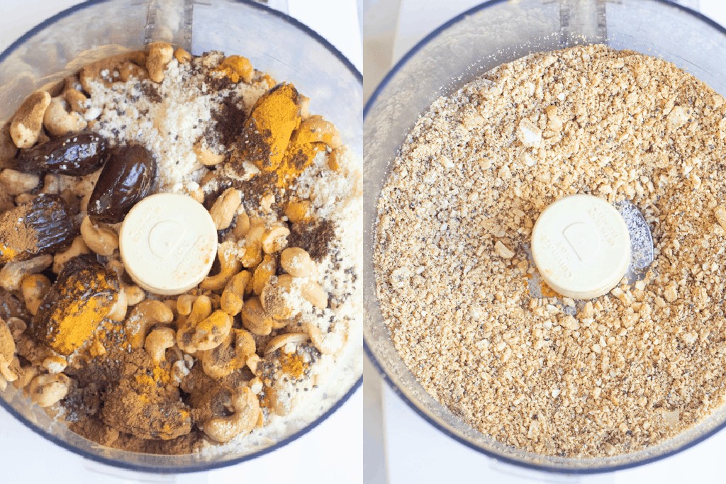 pic of food processor with dates and cashew and spices and pic with it all blended.