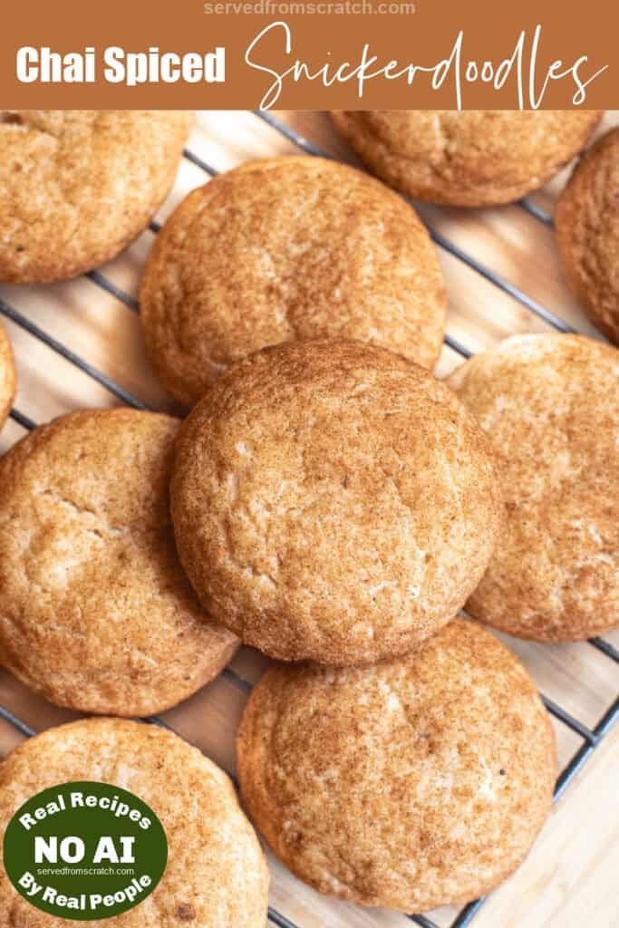 a close up of a cooling rack of snickerdoodles with Pinterest pin text with NO AI sticker.