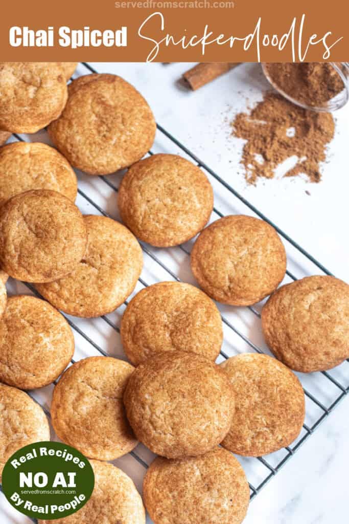 cooling rack of big snickerdoodle cookies with Pinterest pin text with NO AI sticker.