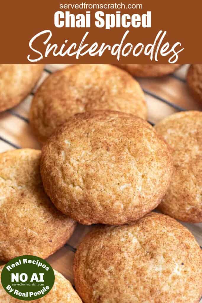 a close up of a cooling rack of snickerdoodles with Pinterest pin text with NO AI sticker.