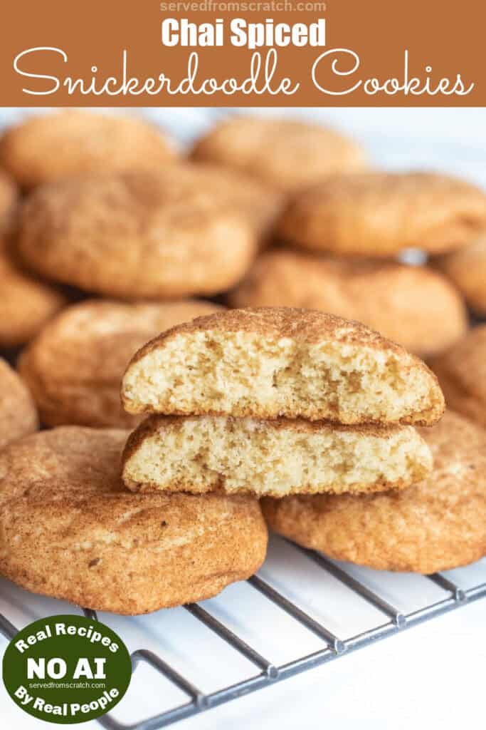 split in half snickerdoodle stacked on a cooling rack of cookies with Pinterest pin text with NO AI sticker.
