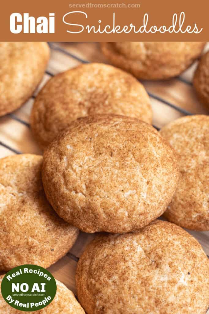 a close up of a cooling rack of snickerdoodles with Pinterest pin text with NO AI sticker.