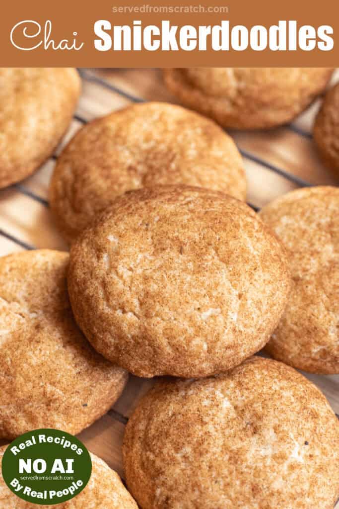 a close up of a cooling rack of snickerdoodles with Pinterest pin text with NO AI sticker.