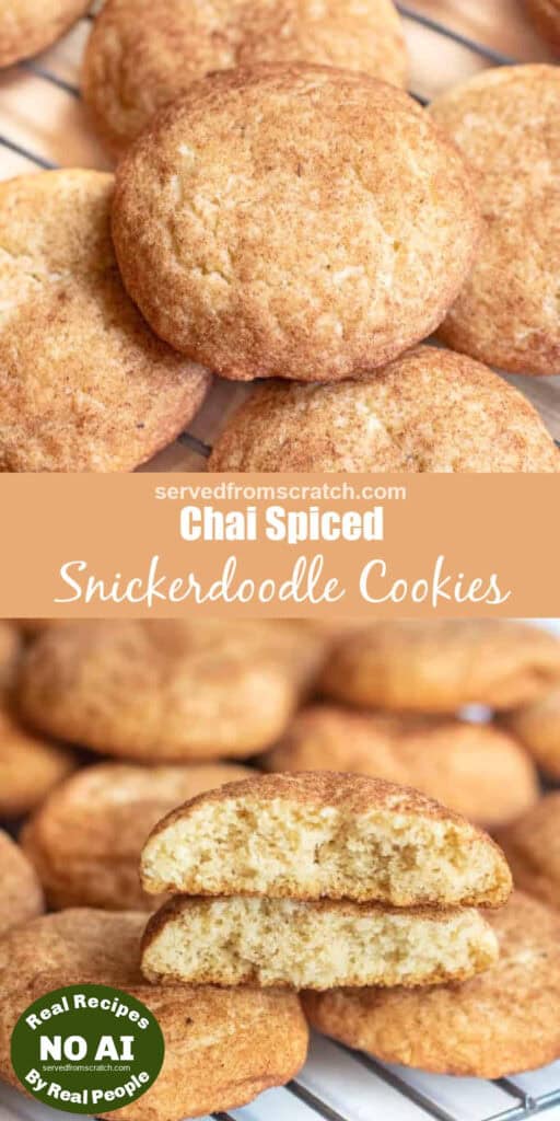 snickerdoodle cookies with Pinterest pin text and then a cookie halved with NO AI sticker.