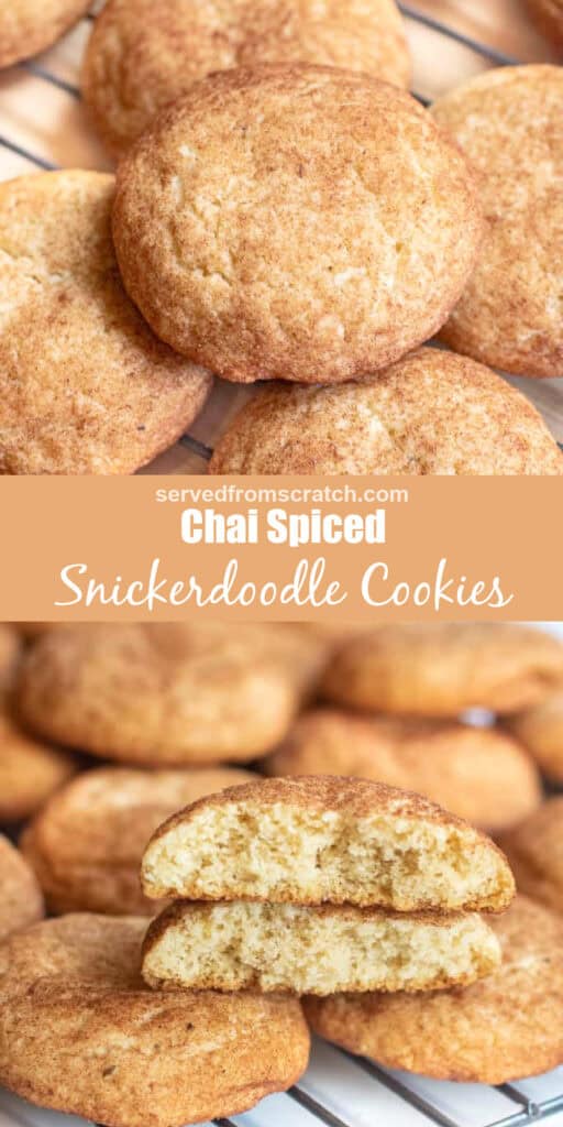 snickerdoodle cookies with Pinterest pin text and then a cookie halved.