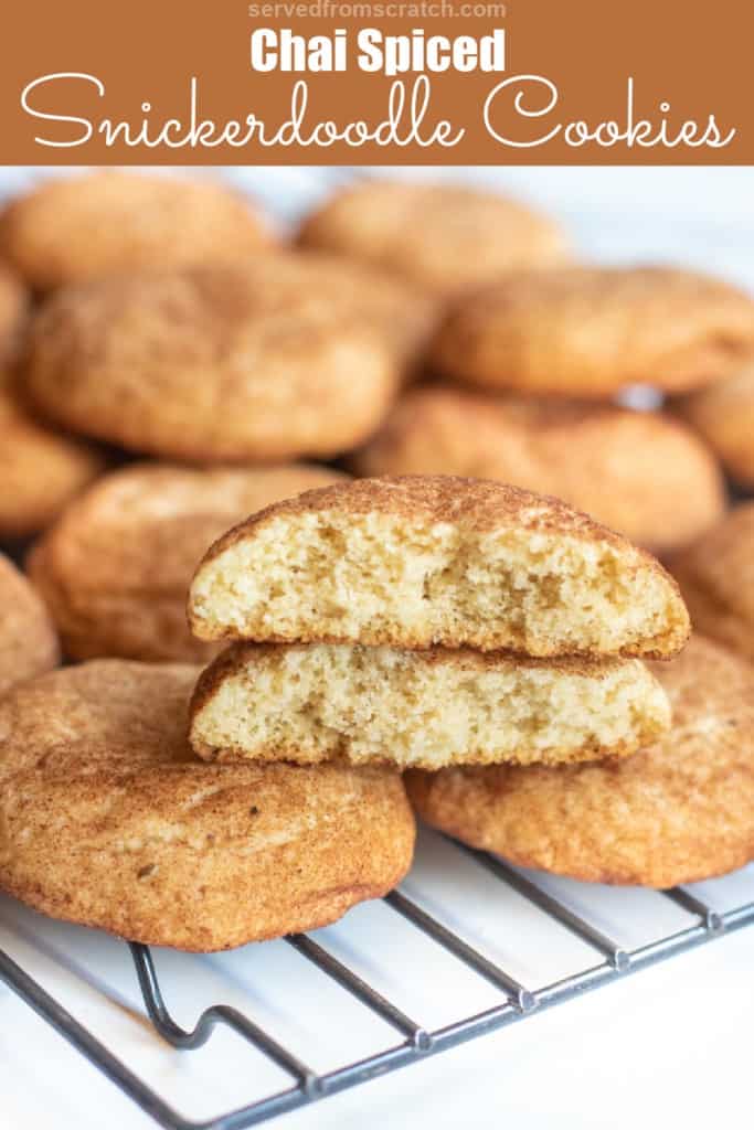 split in half snickerdoodle stacked on a cooling rack of cookies with Pinterest pin text.