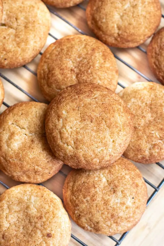 cooling rack of big snickerdoodle cookies.