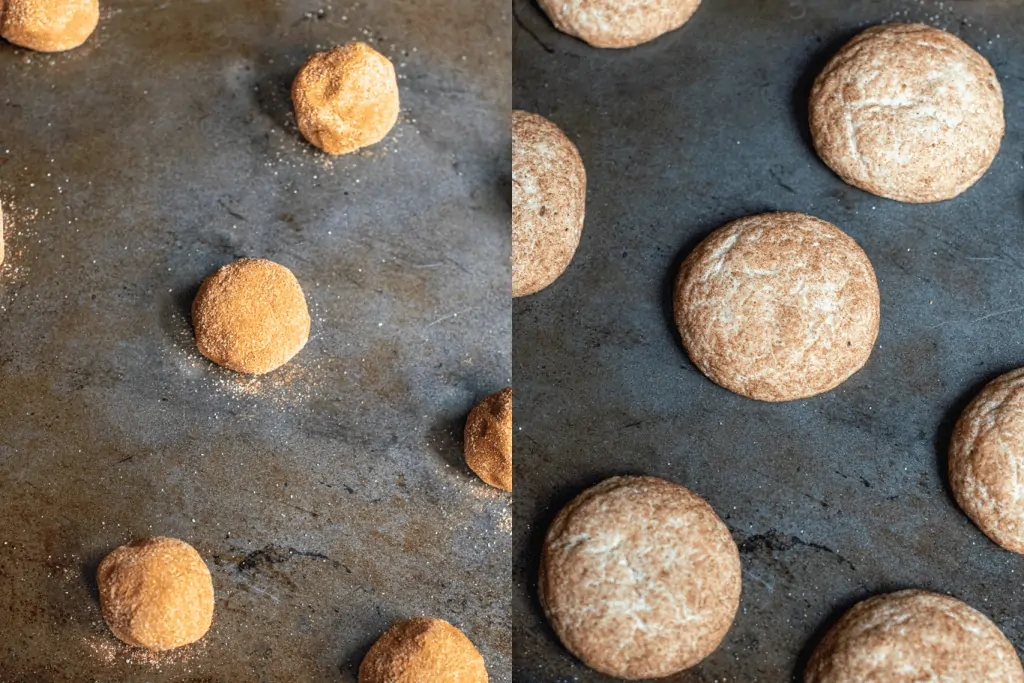 uncooked cookie dough and cooked cooked on baking sheets.