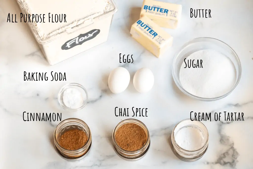 flour, sugar, butter, eggs, spices on a counter.