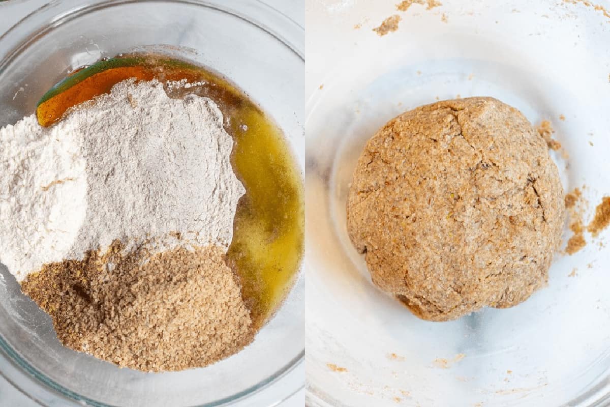 a bowl of flours, liquid, and ground seeds and then a ball of dough.