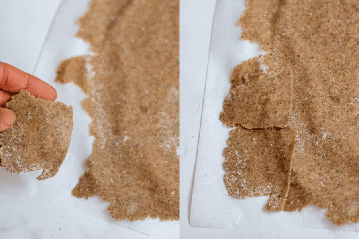rolled out dough with a hand holding some of it and then a it added to the rolled out dough.