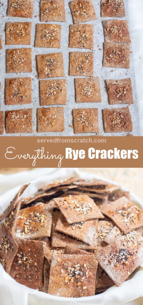 baked crackers on parchment paper and a bowl of baked crackers with Pinterest pin text.
