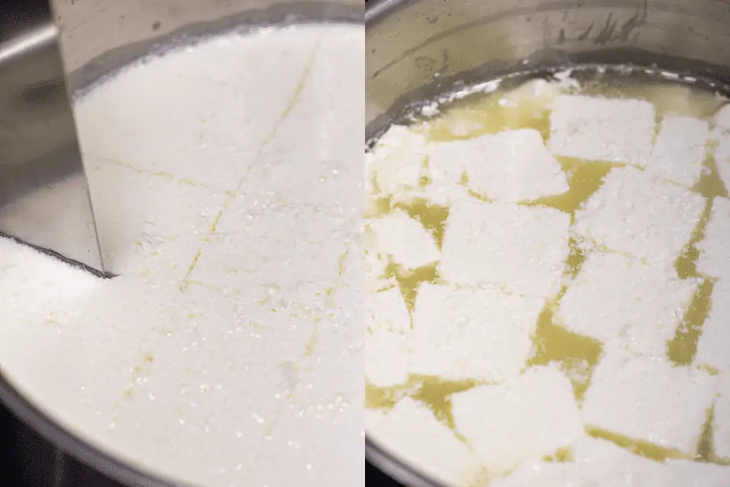 a pot of cut curds and then separated with the whey.