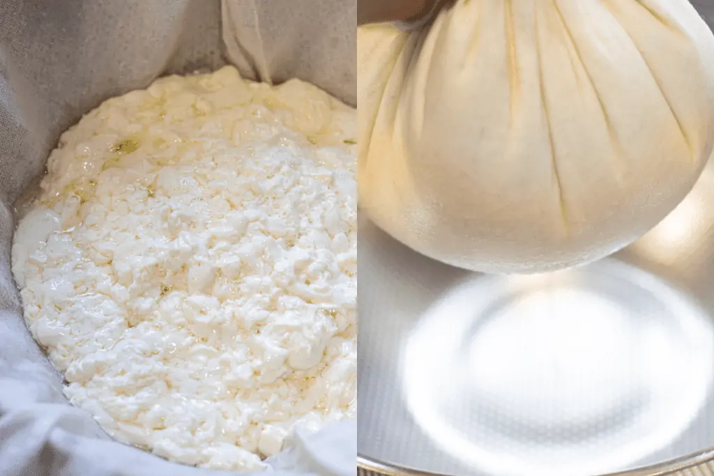 curds in cheesecloth and then being drained.