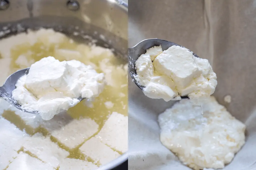 spooning curds out of a pot and into a cheesecloth.