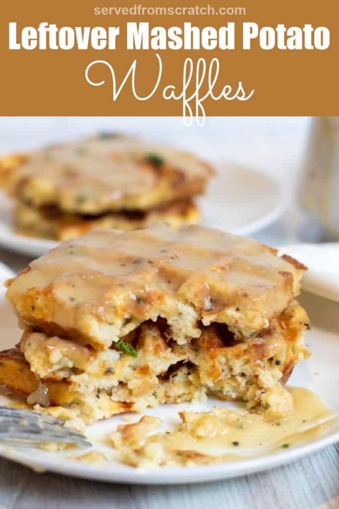 a plate of potato waffles with a forkful take out with Pinterest pin text.
